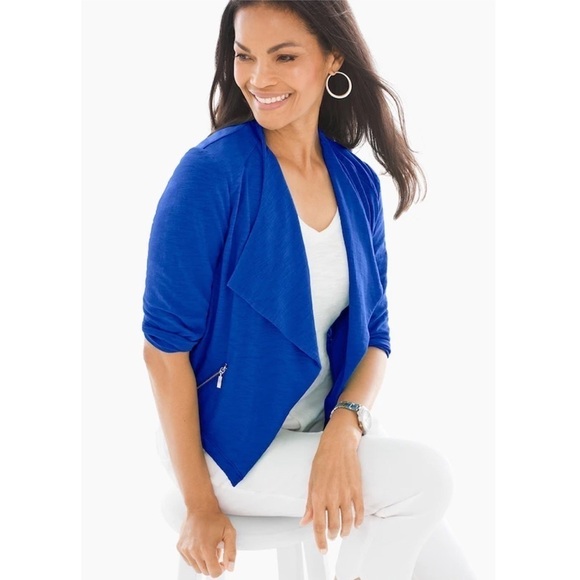 NWT Chico’s Knit Drape-Front Jacket Majestic Blue - Picture 1 of 11